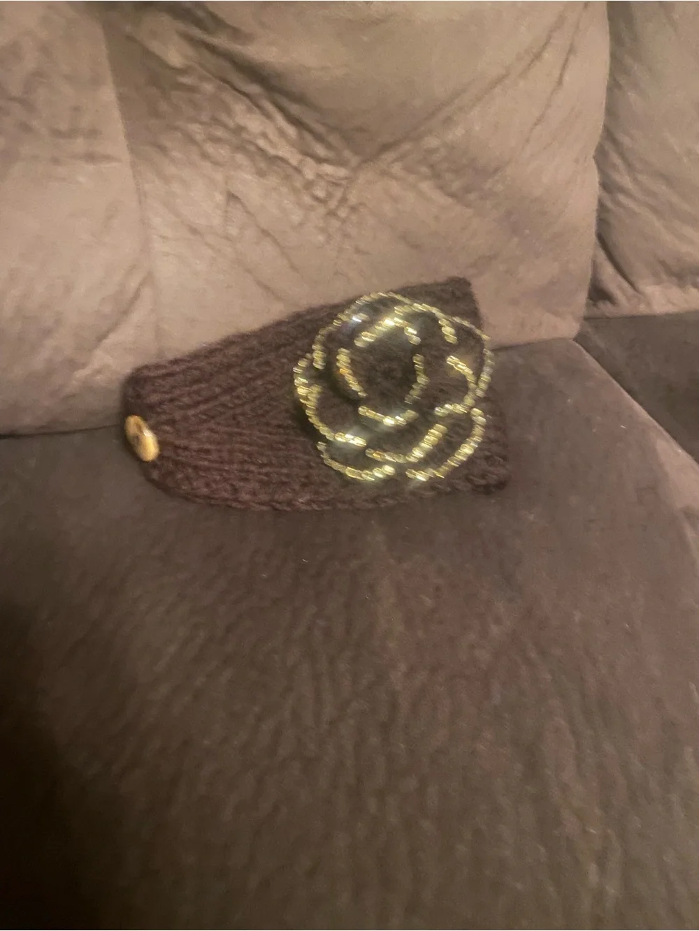 American Vintage Brown Knit Headband with Gold Flower